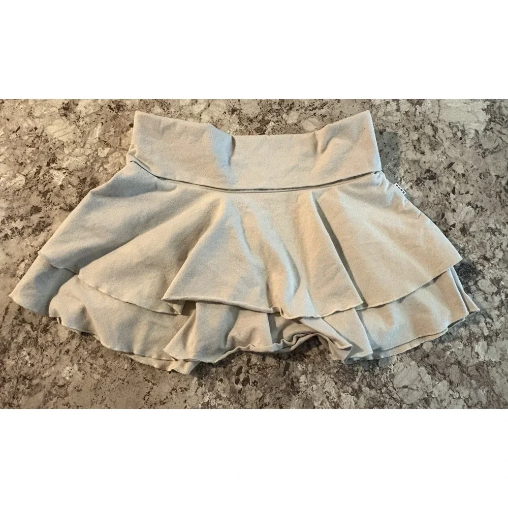 Vintage Y2K Bebe‎ Sport Nude Beige Foldover Logo Ruffle Mini Skirt Medium Rare